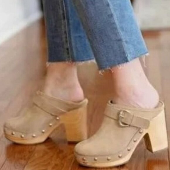 Steve Madden NWOT SZ 10 Hilde Tan Suede Leather Wood Heeled Clog 70's Boho Retro - Picture 2 of 11